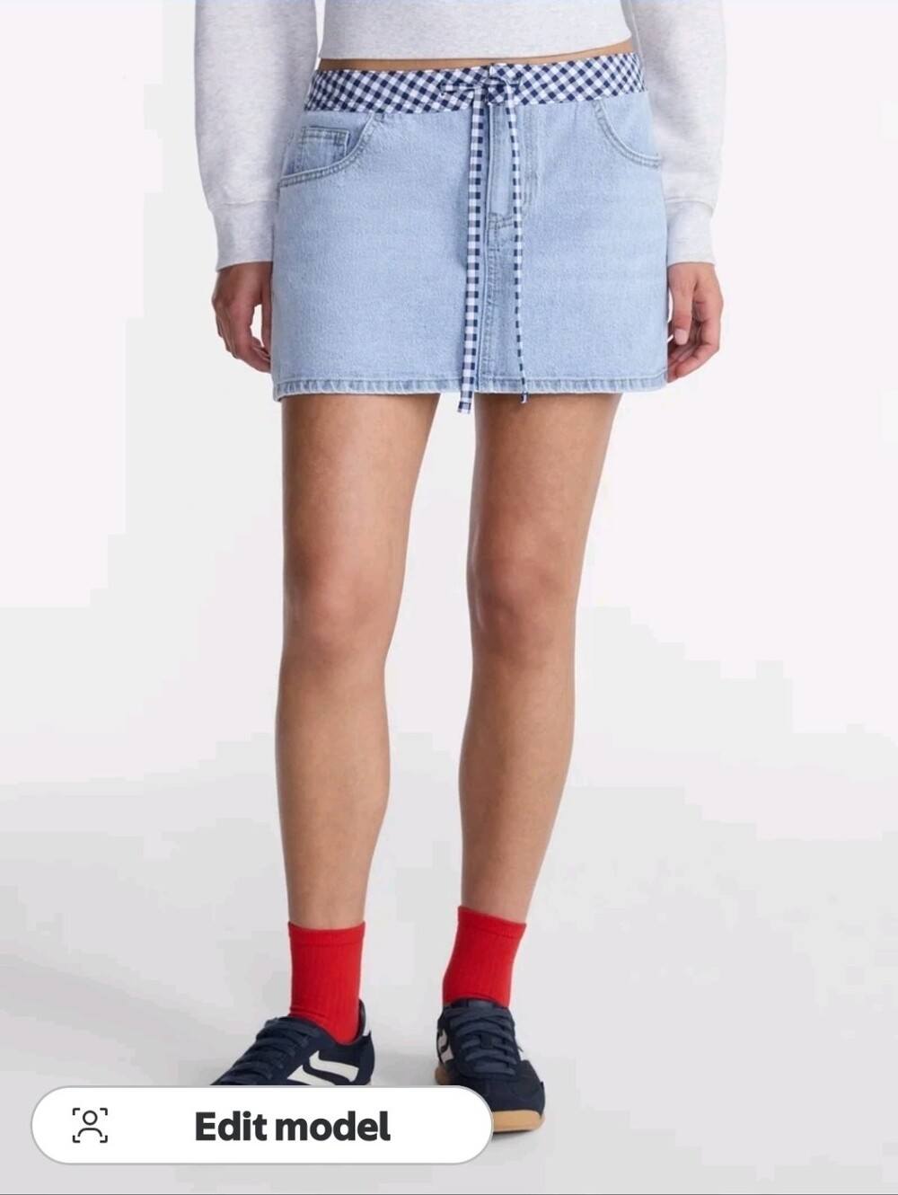 Light Blue Denim Mini Skirt with Gingham Waist Tie